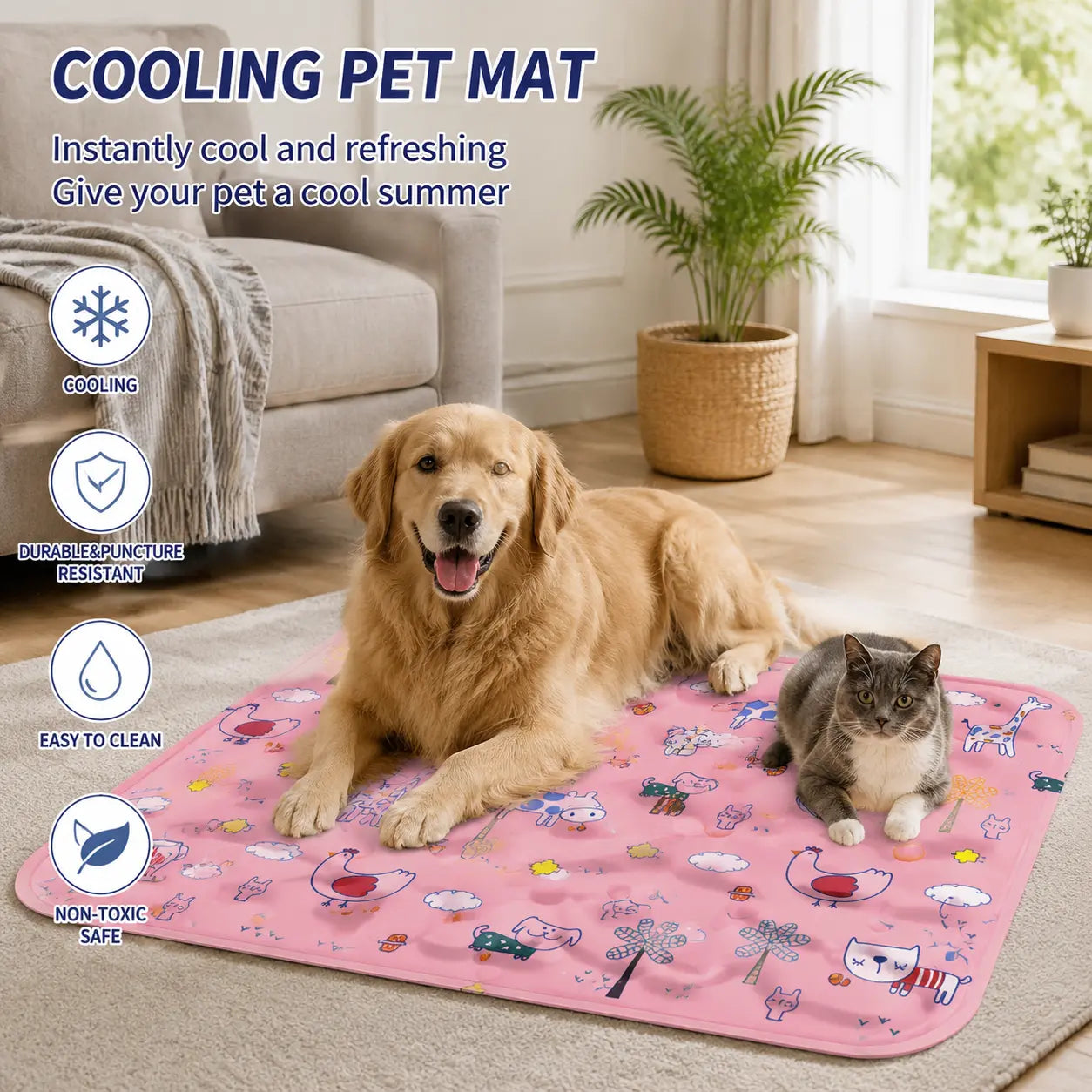 Cotton Cooling Dog Mat - Heart-Snap, Modern Geometric Design, Washable Non-Slip Pet Pad for Crate, Floor, Small to Large Dogs, Comfortable