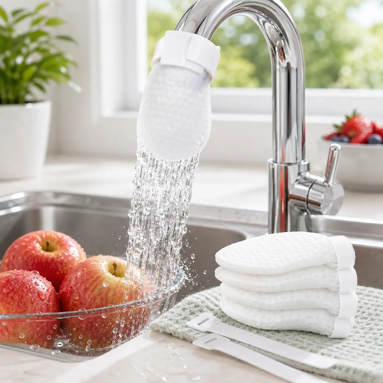 [Fits Faucets < 1"] 50 Cotton Filter Bags Disposable Cotton Faucet Filter Bags with 5 Fastening Straps, Splash-Reducing Tap Water Sediment Filter Sock with Elastic Cuff for Kitchen & Bathroom Faucets