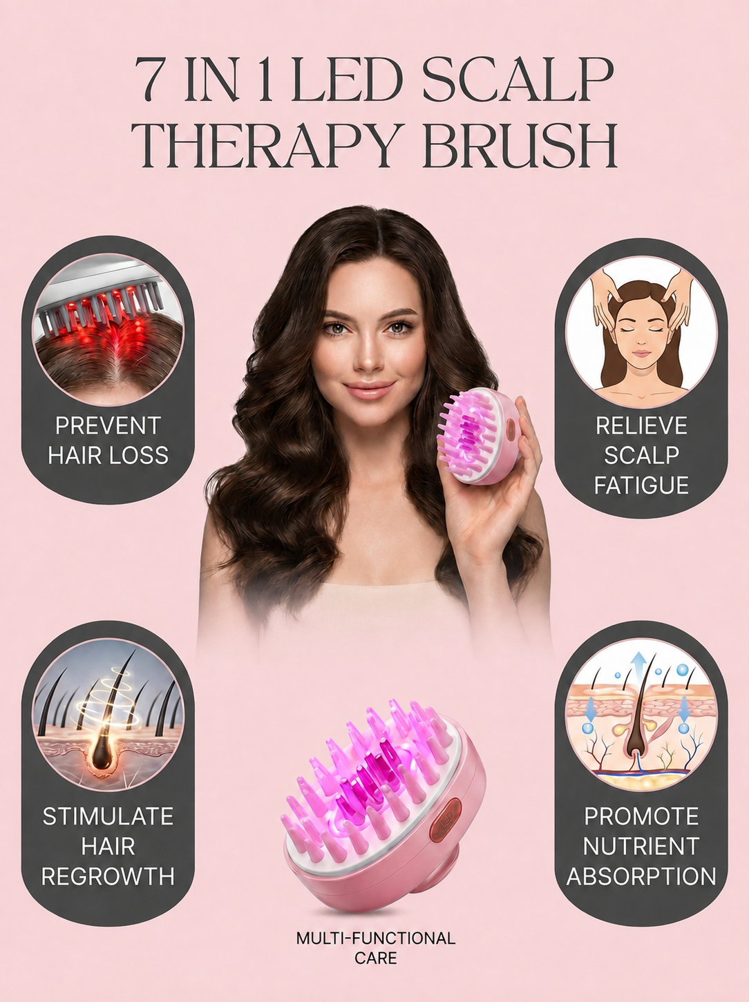 ALL NEW 7-in-1 Color LED Scalp Therapy Brush with Essential Oil Applicator & Sonic Vibration Massager