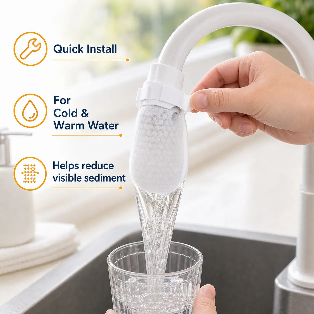 [Fits Faucets < 1"] 50 Cotton Filter Bags Disposable Cotton Faucet Filter Bags with 5 Fastening Straps, Splash-Reducing Tap Water Sediment Filter Sock with Elastic Cuff for Kitchen & Bathroom Faucets