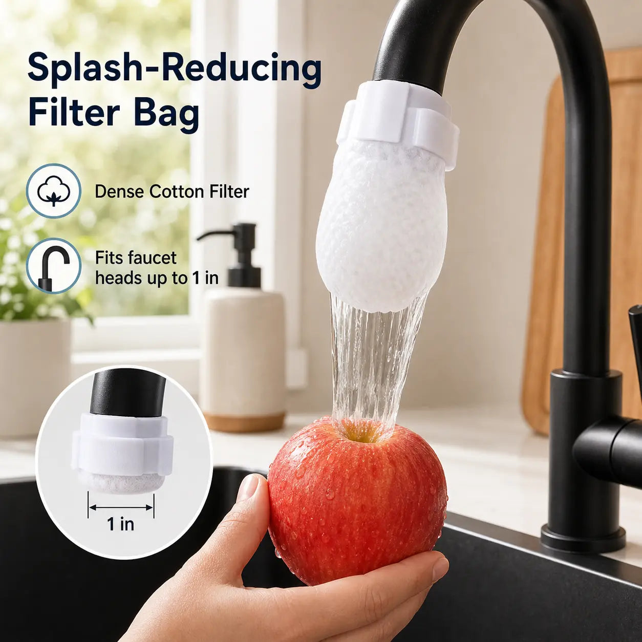 [Fits Faucets < 1"] 50 Cotton Filter Bags Disposable Cotton Faucet Filter Bags with 5 Fastening Straps, Splash-Reducing Tap Water Sediment Filter Sock with Elastic Cuff for Kitchen & Bathroom Faucets