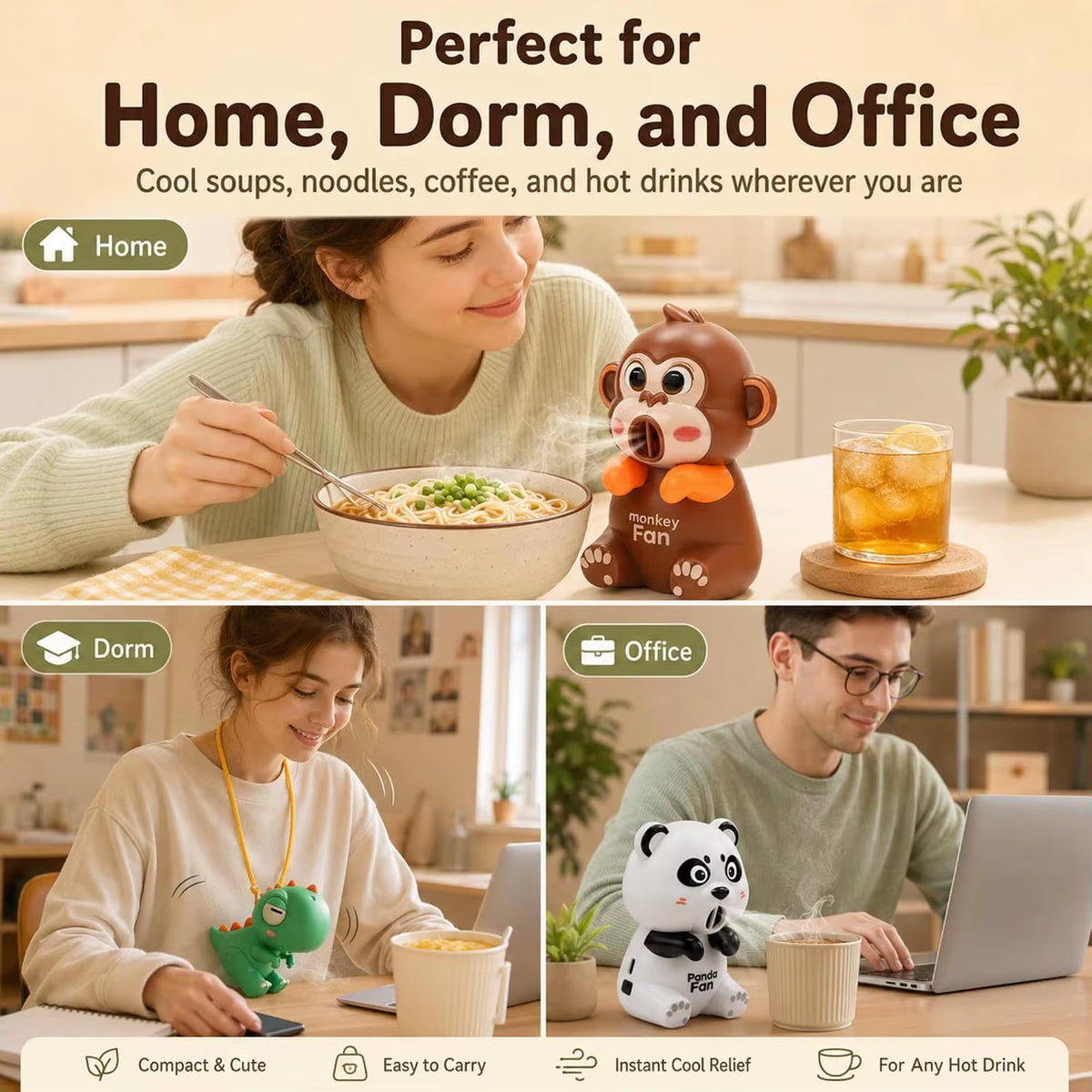 Panda Cup-Mounted Fan Hair Dryer Adhesive Mini Plastic Fan Cooling Bowls Soup Noodles Ramen Three Wind Speed Settings USB