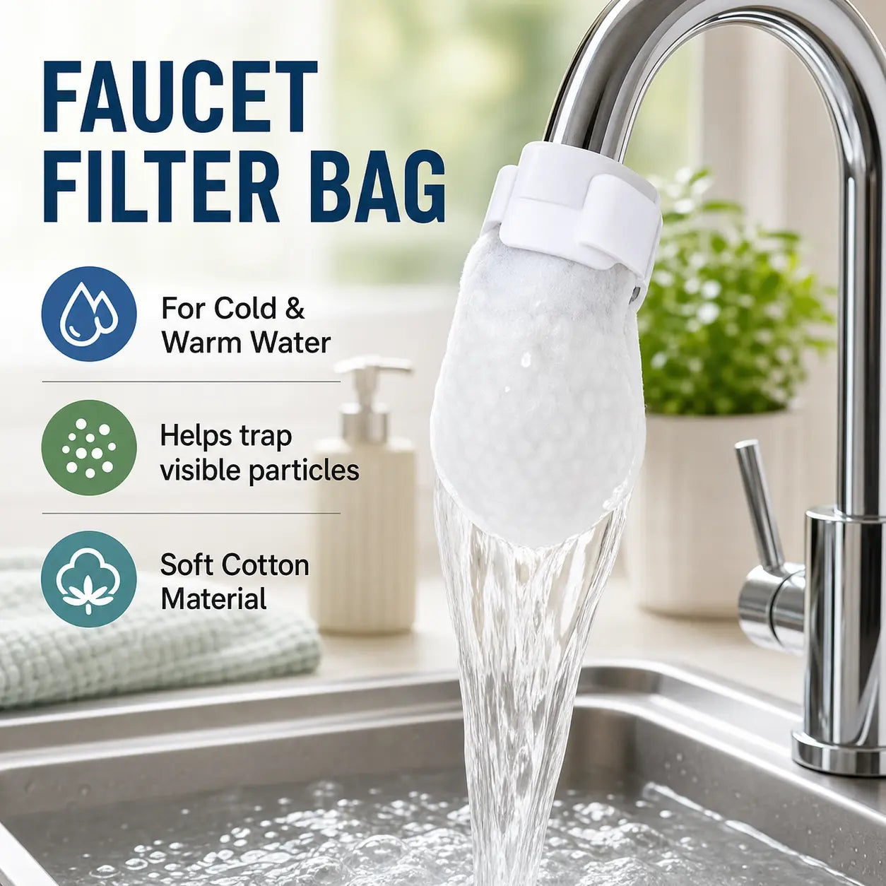 [Fits Faucets < 1"] 50 Cotton Filter Bags Disposable Cotton Faucet Filter Bags with 5 Fastening Straps, Splash-Reducing Tap Water Sediment Filter Sock with Elastic Cuff for Kitchen & Bathroom Faucets