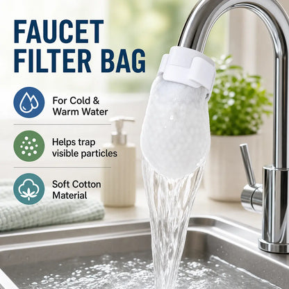 [Fits Faucets < 1"] 50 Cotton Filter Bags Disposable Cotton Faucet Filter Bags with 5 Fastening Straps, Splash-Reducing Tap Water Sediment Filter Sock with Elastic Cuff for Kitchen & Bathroom Faucets
